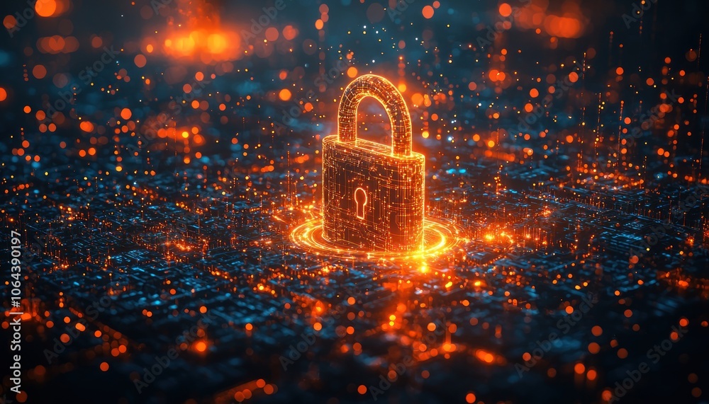 Poster Glowing Lock Symbol Over Abstract Circuit Board with Bokeh Lights