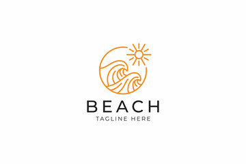 Serene Minimalist Beach Logo Featuring Waves and Sun Elements