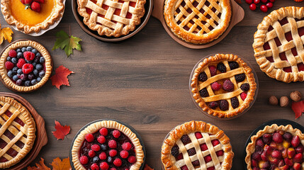 baking scene with a variety of homemade fruits pies