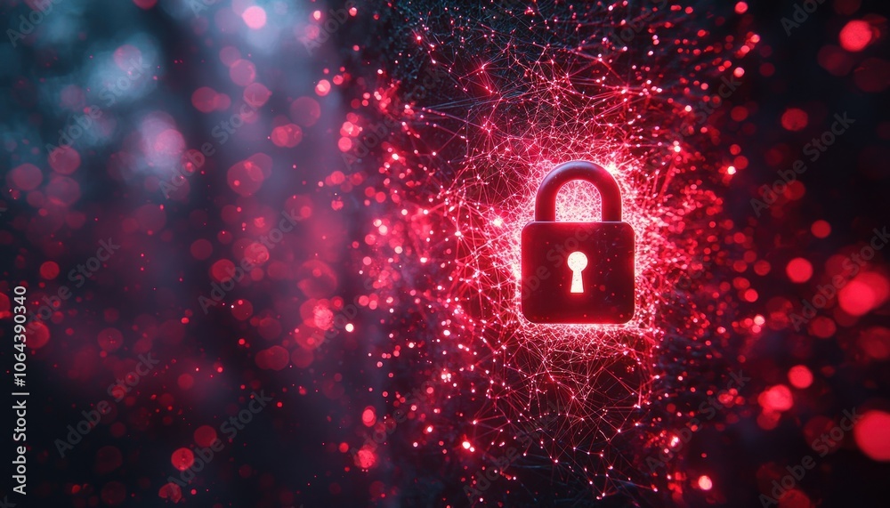 Poster Red Padlock with Glowing Lines and Bokeh