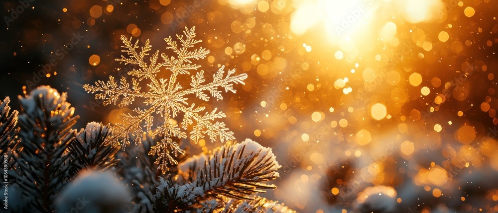 Poster a delicate snowflake glistens on a pine branch in golden sunlight