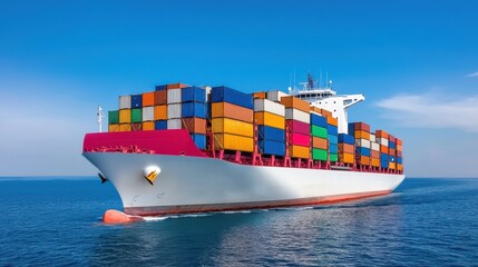 Massive container ship navigates calm waters, delivering global trade across oceans