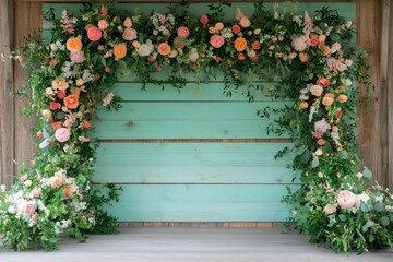 Charming boho garden setting with vibrant flower arch and wooden backdrop for outdoor celebrations