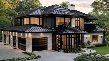 A sleek black metal roof enhances the modern design of this contemporary house.