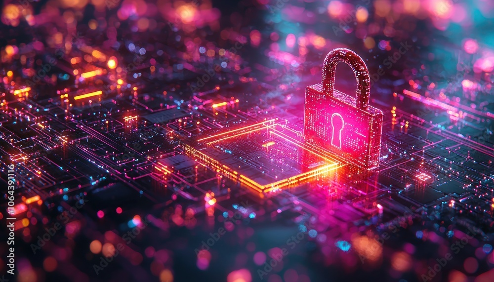 Poster neon padlock on a circuit board with glowing lines