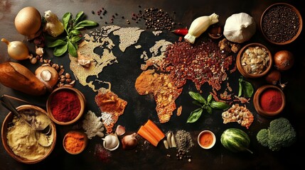 Celebrating food diversity: a colorful map made of ingredients from around the world.