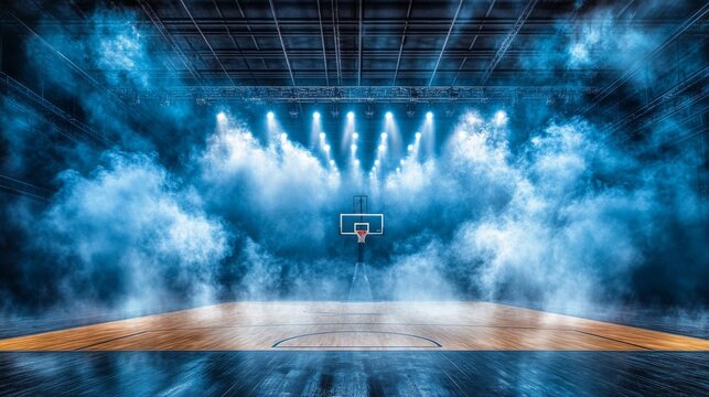 A vibrant basketball court illuminated by bright stadium lights.