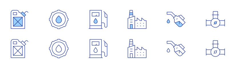 Natural petroleum icon set in two styles, Duotone and Thin Line style. Editable stroke. factory, oil pump, oil, cog, valve