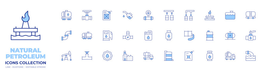 Natural petroleum icons collection. Line Duotone style, editable stroke. factory, fuel, gas tank, oil pump, oil, valve, gas cylinder, cog, oil tank, oil truck, pipe, barrel, tanker truck