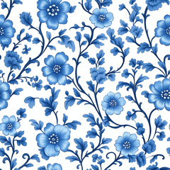 Seamless floral pattern inspired by traditional Chinese blue and white porcelain, elegant floral motifs, swirling vines, intricate details, white background, cobalt blue color