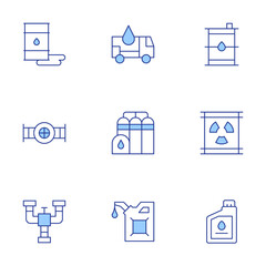 Natural petroleum icons set. Line Duotone style, editable stroke. refinery, oil bottle, oil valve, oil spill, oil tank, fuel, oil barrel, oil