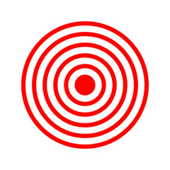 Red concentric circles. Pain localization icon. Sore or inflammation symbol. Coverage or vibration sign. Shockwave, radar or sound signal pictogram isolated on white background. Vector illustration.
