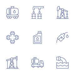 Natural petroleum icons set. Thin Line style, editable stroke. oil barrel, oil bottle, oil derrick, oil pump, oil tank, oil valve, pumpjack, tank truck, waste