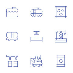 Natural petroleum icons set. Thin Line style, editable stroke. oil barrel, oil derrick, oil platform, tank, tanker truck, valve