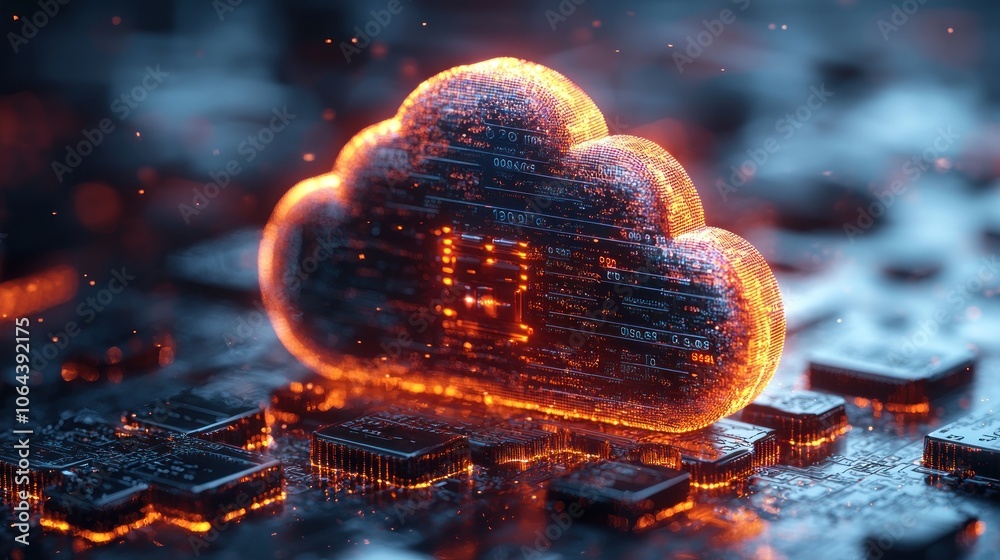 Poster Glowing Cloud Symbol on Circuit Board Representing Data Storage and Connectivity