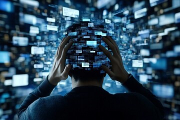 Conceptual digital illustration depicting a person overwhelmed by data overload.