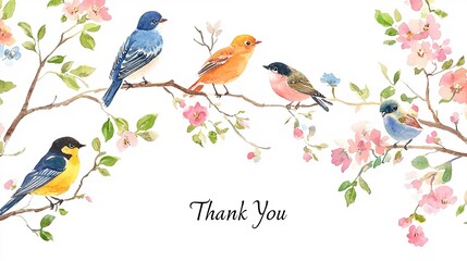 Fototapeta premium Watercolor clipart featuring delicate colorful birds perched on blooming branches, with vibrant flowers and the elegant 