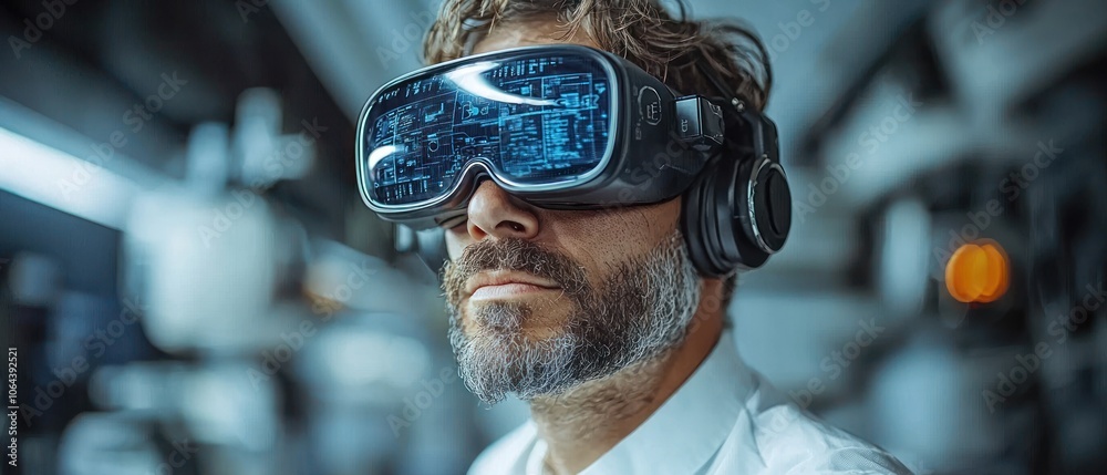 Aufkleber man wearing virtual reality headset with digital interface