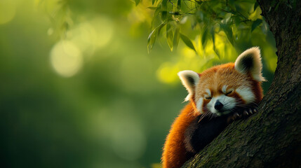 Endangered Red Panda Resting in Bamboo Forest
