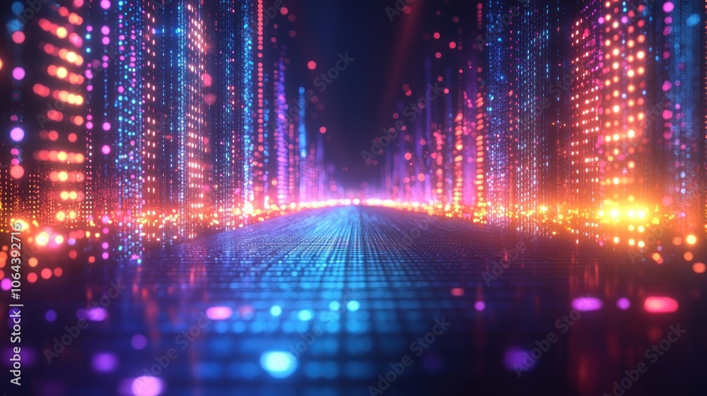 Aufkleber abstract cityscape with neon lights and grid pattern