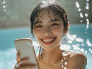 Radiant Smiling Woman Taking Selfie in Swimming Pool