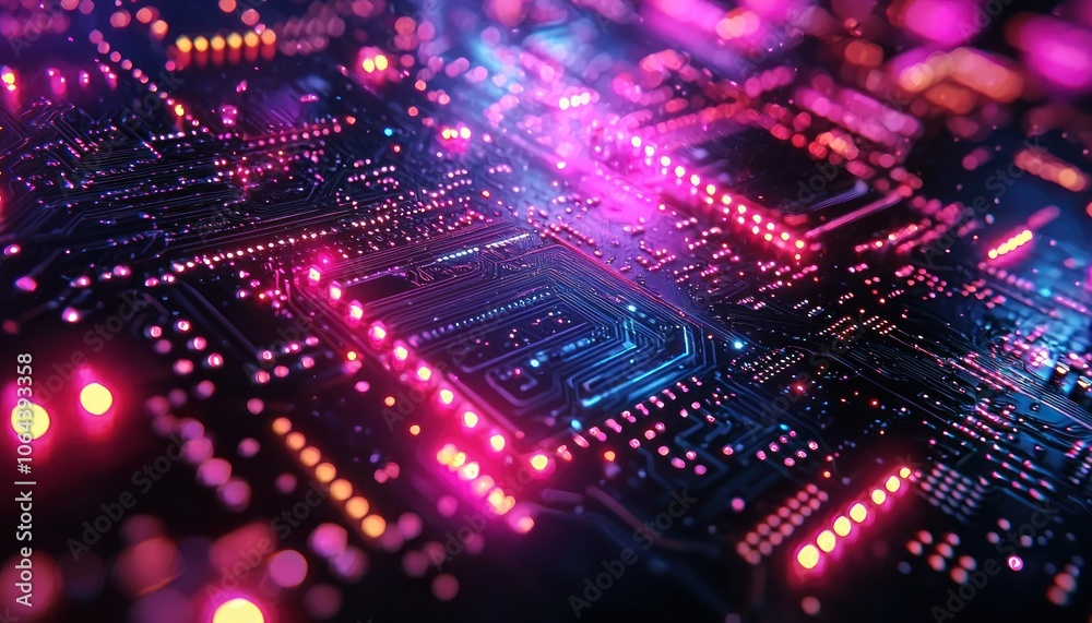 Poster abstract close-up of a circuit board with neon lights