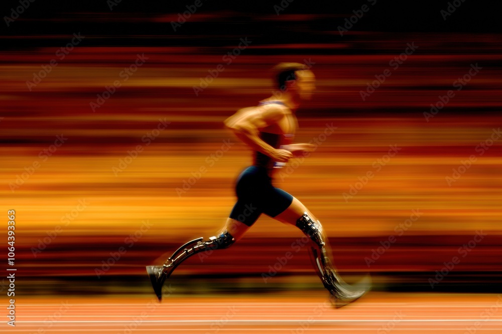 Poster An athlete is running at full speed on a track, showcasing determination and skill while using a prosthetic leg in a stadium. Generative AI