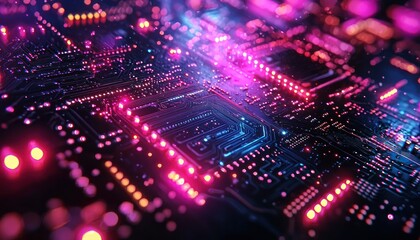 Obraz premium Abstract Close-Up of a Circuit Board with Neon Lights