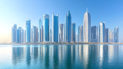 Fototapeta premium A city skyline is reflected in the water