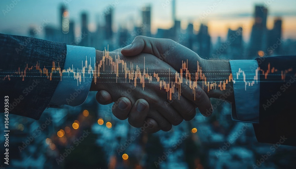 Poster handshake overlapping with stock market chart and city skyline
