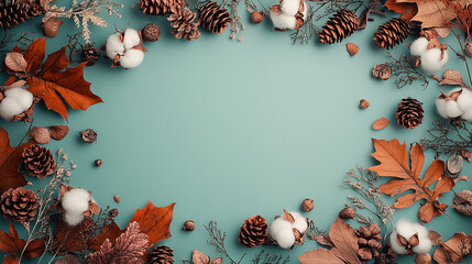 winter composition with dried leaves cotton flowers