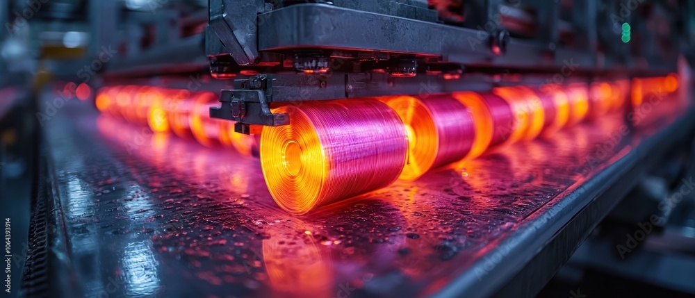 Poster close-up of a conveyor belt with spool of wire in a factory