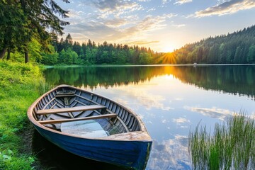 Serene Lake with Fishing Boat at Sunrise