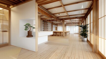 Obraz premium Functional Beauty: Wooden and White Open Office Interior with Expansive White Walls