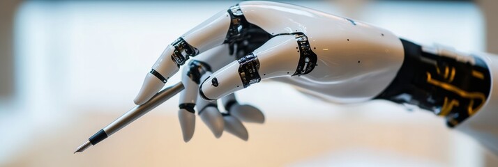 The robotic prosthetic hand demonstrates precision while grasping a small pen, highlighting advanced technology in rehabilitation. Generative AI
