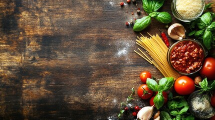 Spaghetti with Meat Sauce and Basil on Rustic Wooden Table 