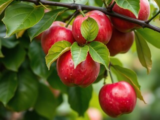 A cluster of red apples hang from a sturdy branch amidst lush green leaves and tiny water droplets adorn the apple's surface, water droplets, nature photography, fresh produce