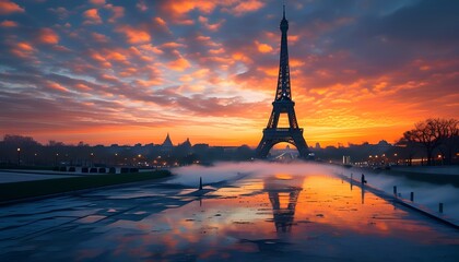 Eiffel tower, misty, sunrise
