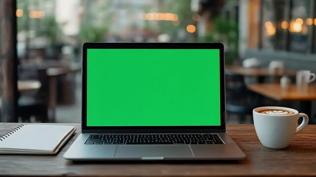 A laptop with a green screen sits on a wooden table next to a notebook and a coffee cup, creating a cozy workspace in a cafe setting.