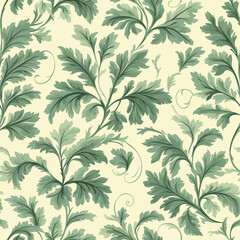 Fototapeta premium Seamless pattern featuring elegant ferns and trailing vines, soft green and ivory tones, delicate detailing, organic flow, lush and full, nature-inspired, high resolution