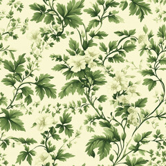 Fototapeta premium Seamless pattern featuring elegant ferns and trailing vines, soft green and ivory tones, delicate detailing, organic flow, lush and full, nature-inspired, high resolution