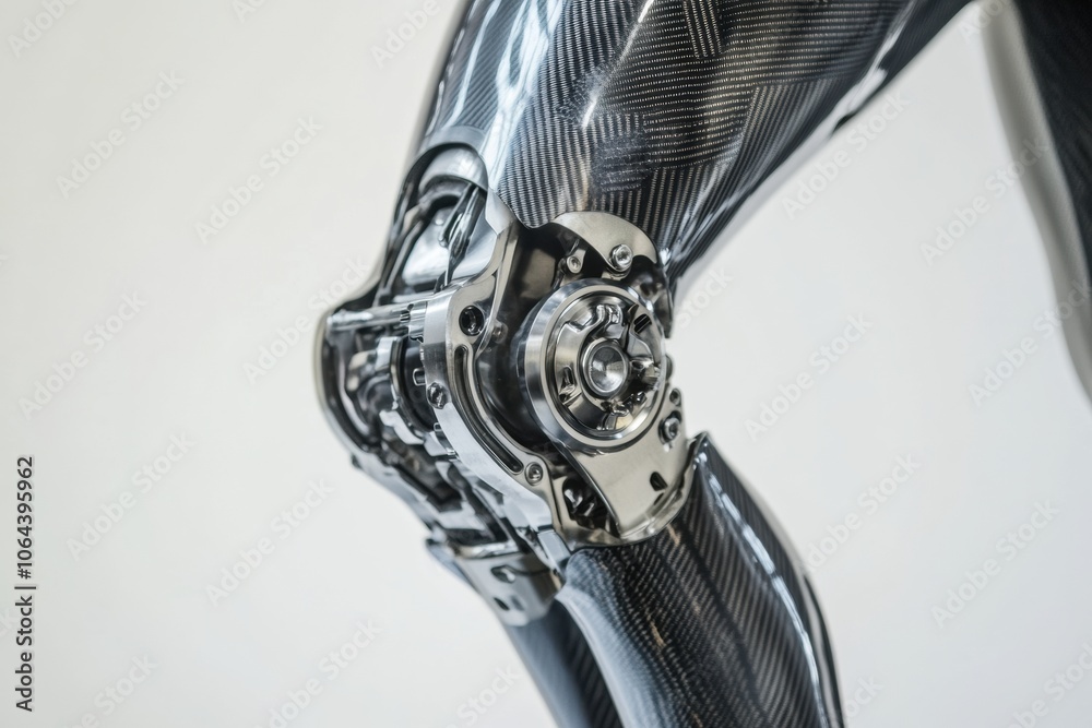 Poster Close-up view of a modern prosthetic leg, featuring advanced metal and carbon fiber elements engineered for optimal function and durability. Generative AI