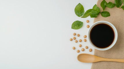 Obraz premium A white background showcasing soy sauce and soybeans with copy space image 
