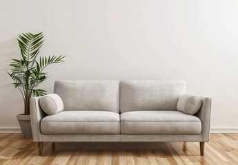 Fototapeta premium A grey sofa with pillows sits in a minimalist living room with a potted plant and floor lamp