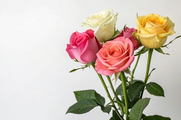 Naklejka premium A cluster of rose flowers in different colors on a green stem, bouquet, color