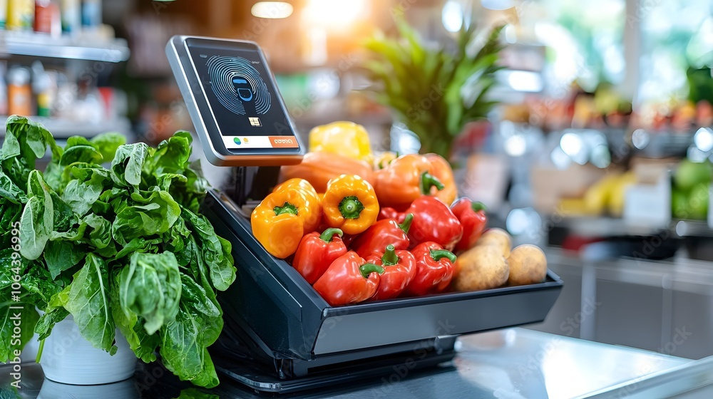 Poster A modern automated checkout system in a retail shop utilizing facial recognition technology to provide a quick hassle free payment solution for customers  This innovative system offers a streamlined