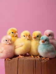 Colorful baby chicks on a wooden perch