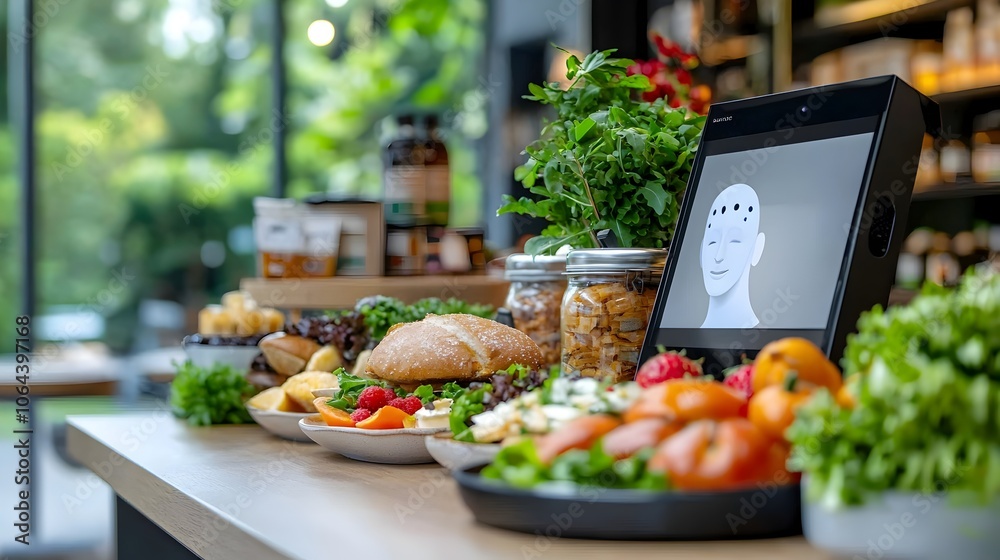 Aufkleber a tech forward retail store showcasing the of and automated facial recognition checkout to deliver a