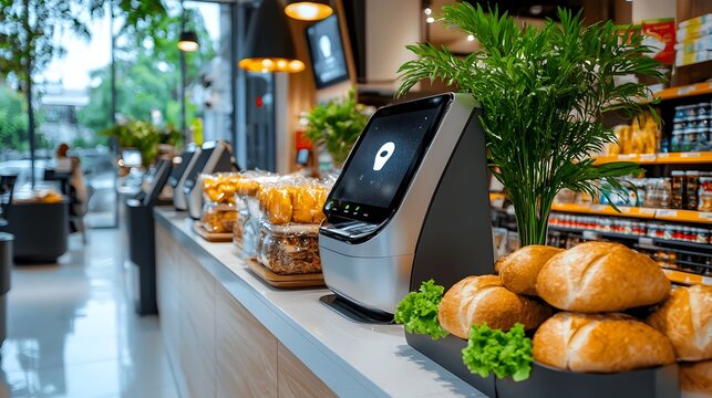 A modern and efficient smart retail environment featuring AI powered automated checkout stations with facial recognition technology for a convenient secure - Powered by Adobe
