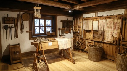 Rustic Workshop Interior with Wooden Tools and Decor